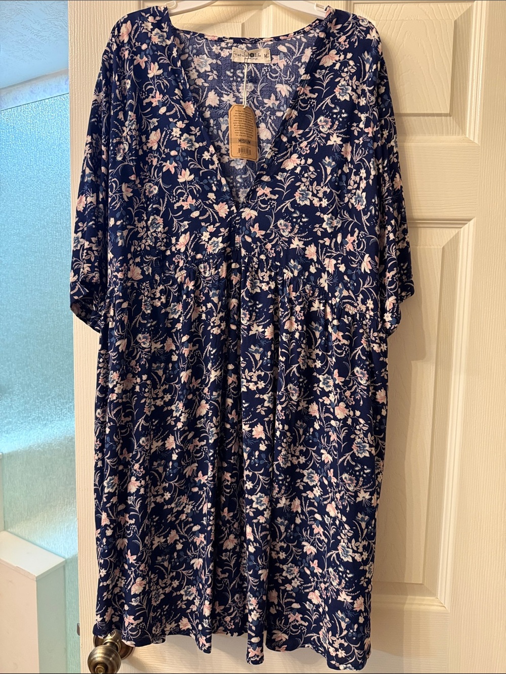 NATURAL LIFE Navy Blue Floral Midi Dress with Pink Accents